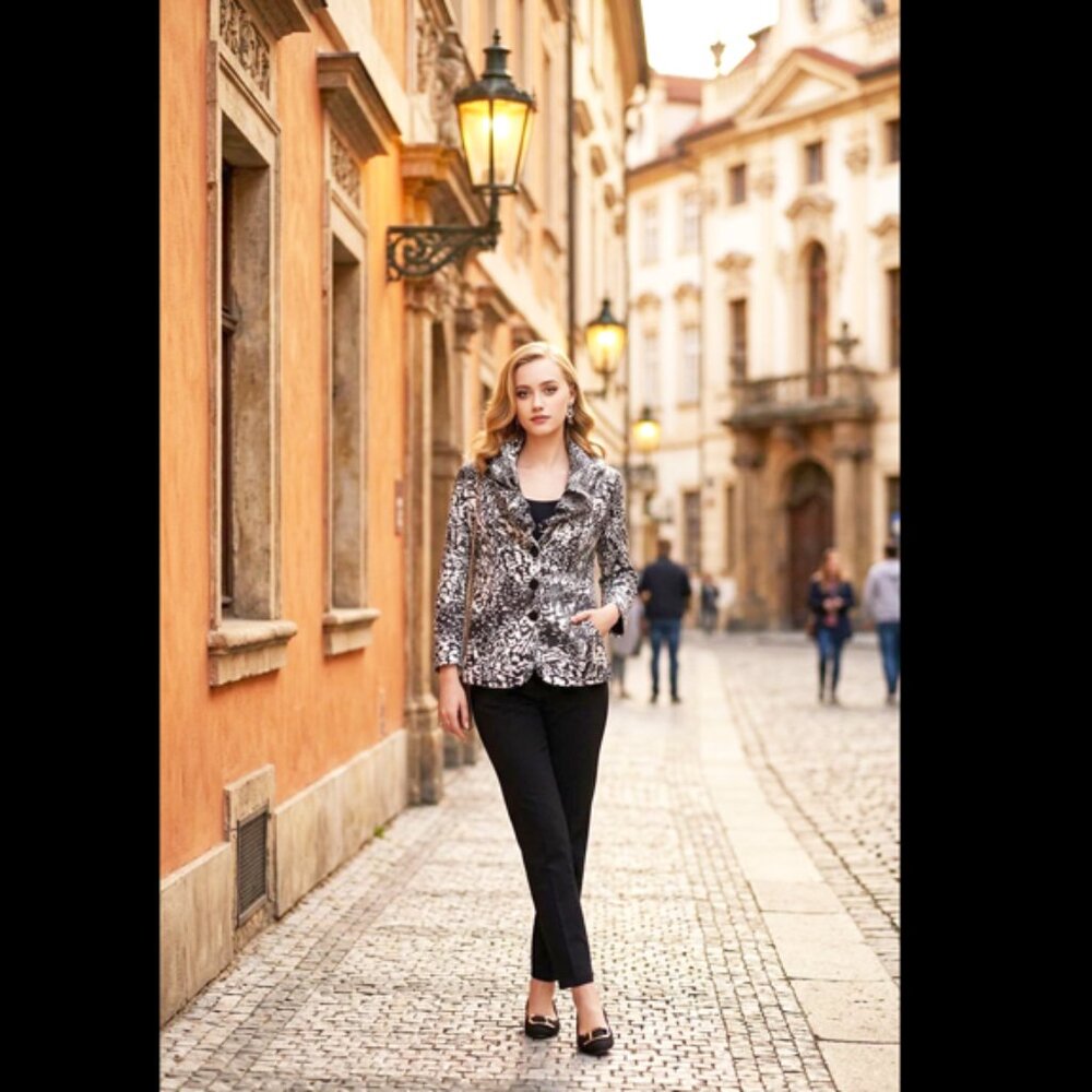 Victor Costa Black & White Metallic Abstract Print Jacket – Size 4,Like new